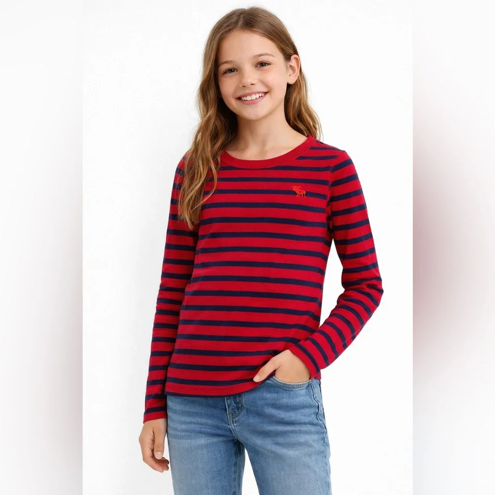 Abercrombie Kids Navy and Red Striped Long Sleeve Tee